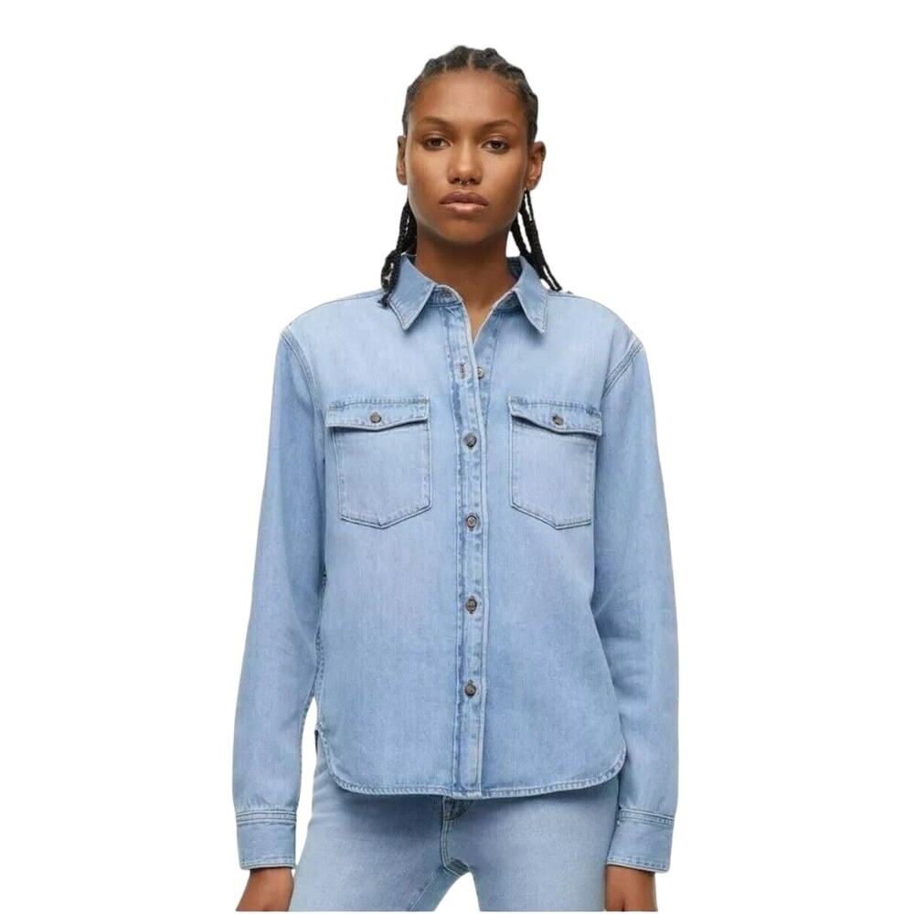 ZARA Good American Jeans Classic Denim Shirt Size 3/L Collection Edition 2022